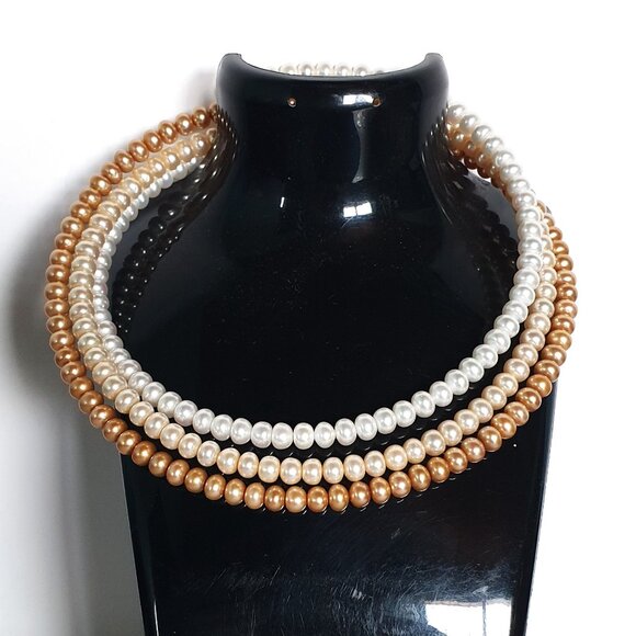 3 Strand Freshwater Pearl Choker Necklace Set White Ivory Pink 6mm Pearls - Picture 3 of 11